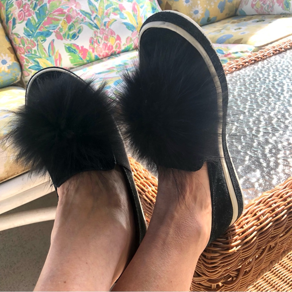 Sondra Roberts Romy Black Suede Leather Pom Pom Slip On Sneakers Women 7.5